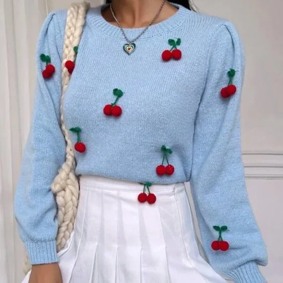 Lantern Sleeve Cherry detailed Knit Sweater Top - Picture 2 of 6